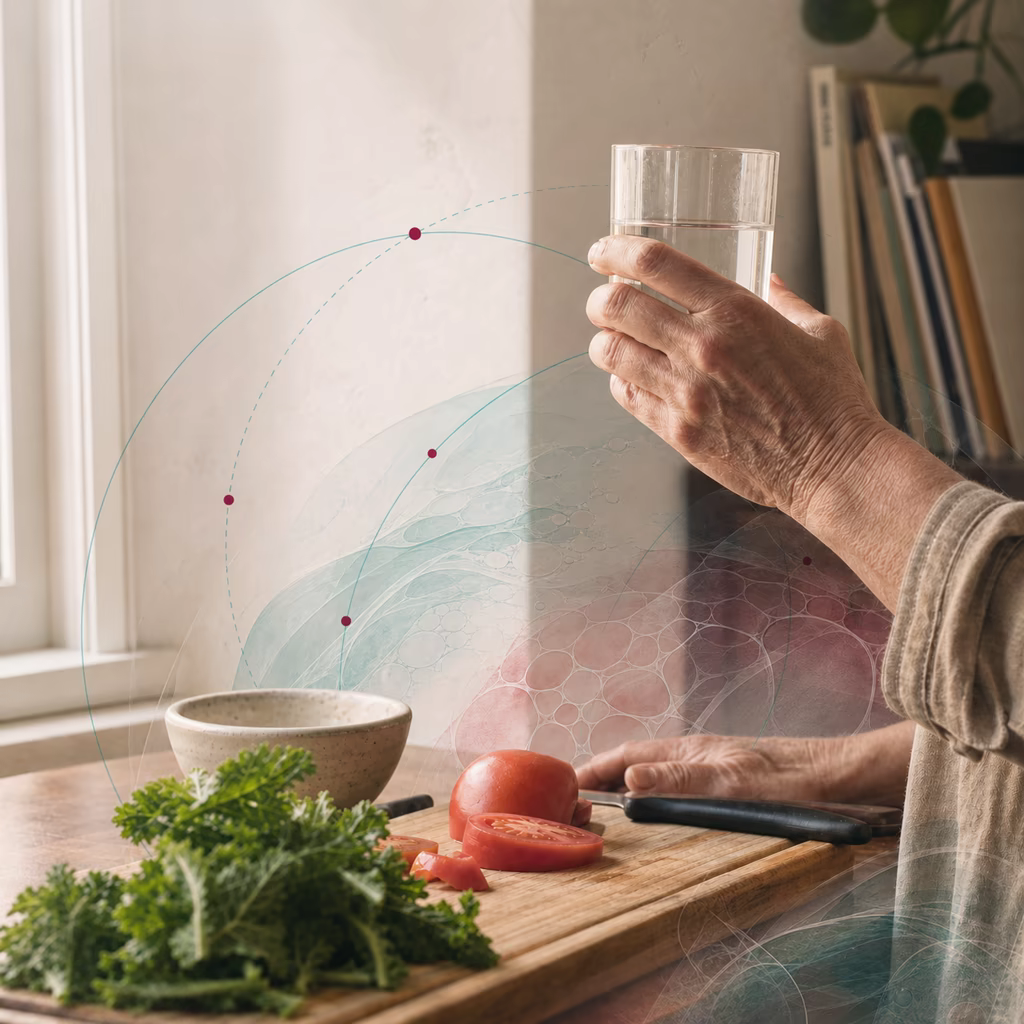 Hands lifting a glass of water beside a cutting board with vegetables, with translucent circular linework in soft window light.