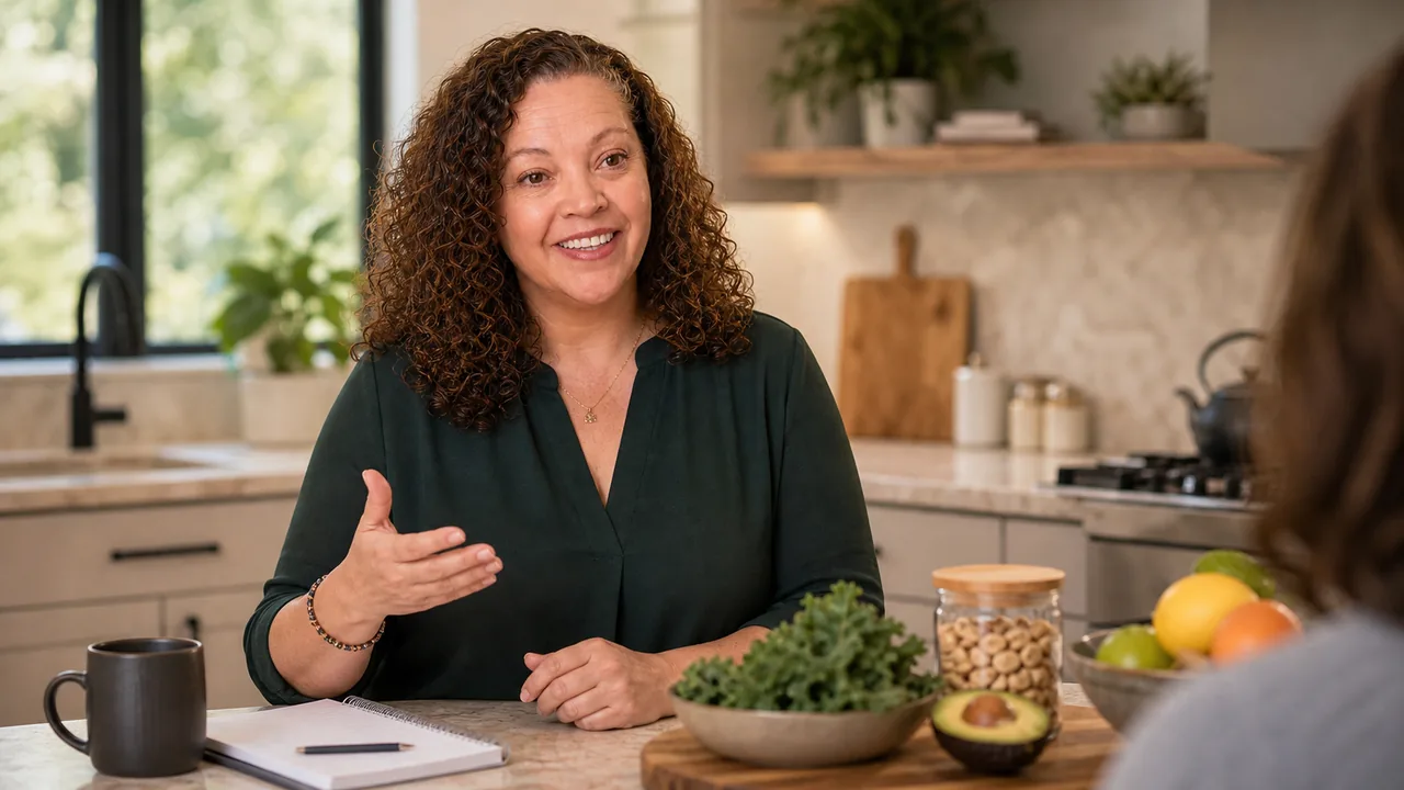 Tina Alexander speaking with someone at a kitchen counter.